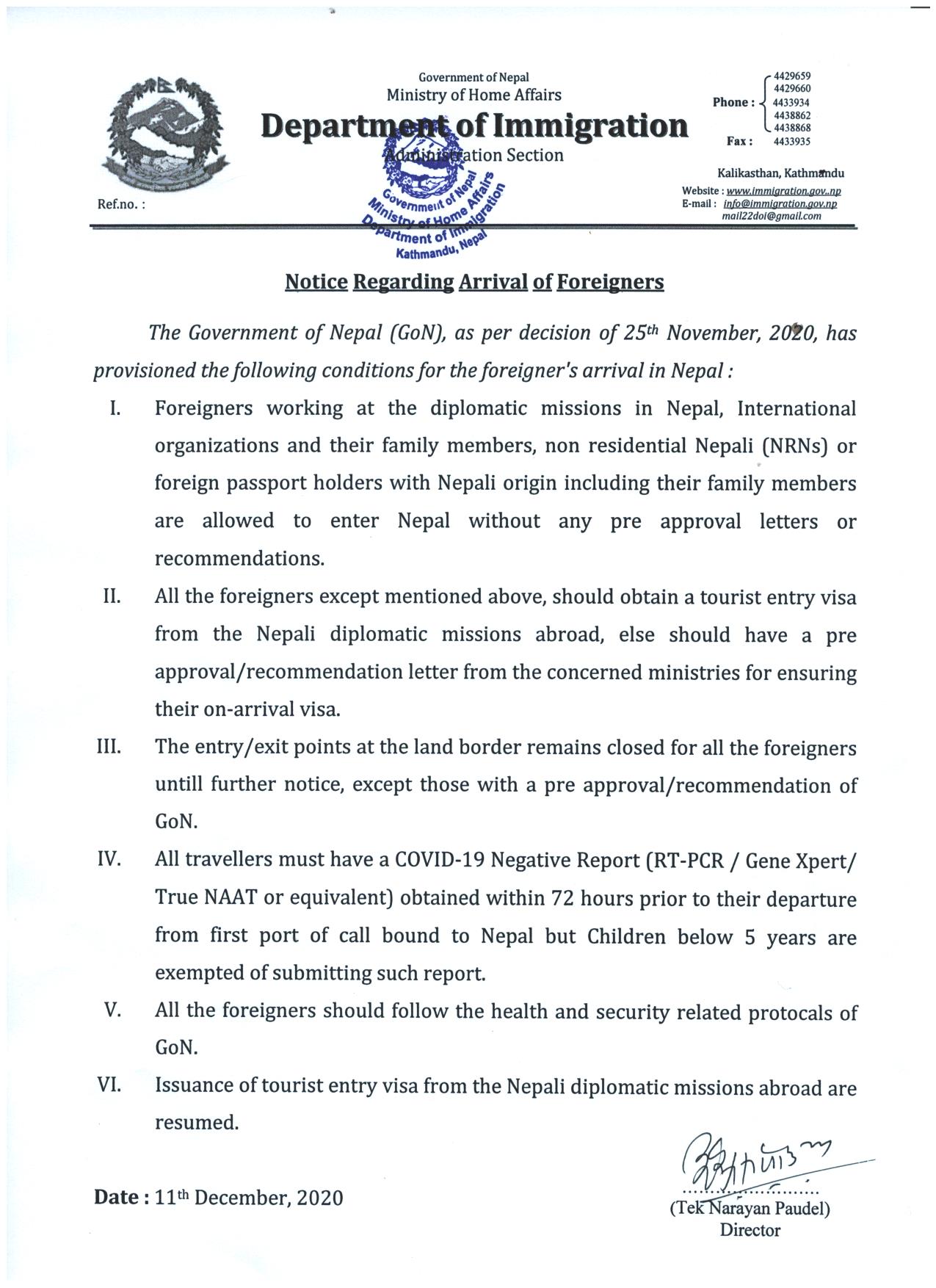Featured image for “Notice regarding arrival of foreigners in Nepal”